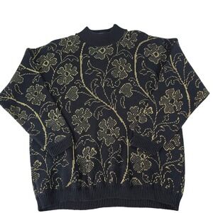 Turning Point Vintage Gold Metallic Floral Mock Neck Sweater Black Shimmer USA